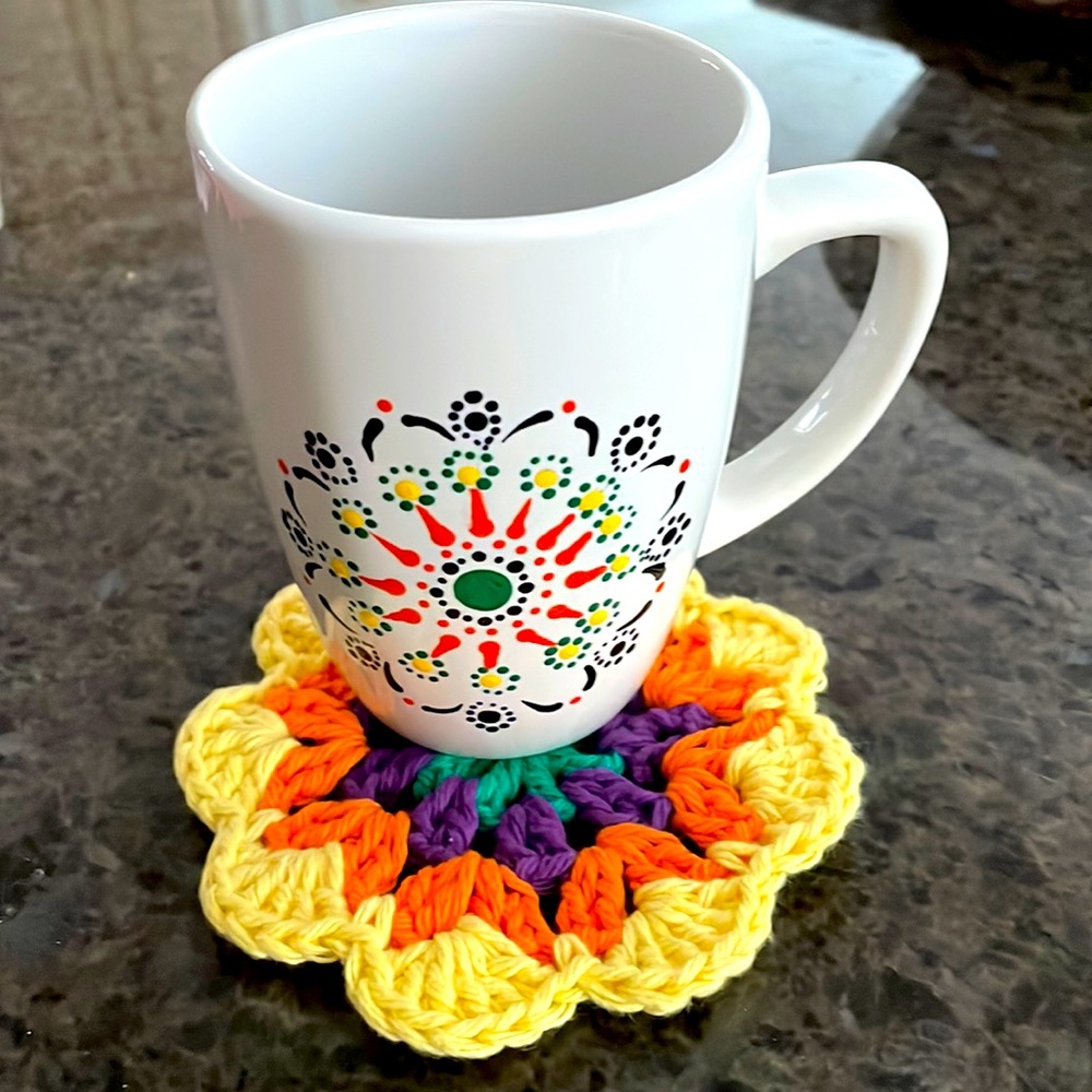 Mug Rug + Mug Hand Painted, Hand Crocheted Coaster - Unique Handmade Gift